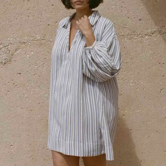 Doen  Marne Blue Villandry Striped Khadi Silk Voile Short Mini Dress XS - Picture 6 of 11